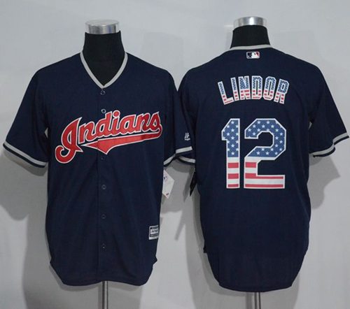 Indians #12 Francisco Lindor Navy Blue USA Flag Fashion Stitched MLB Jersey